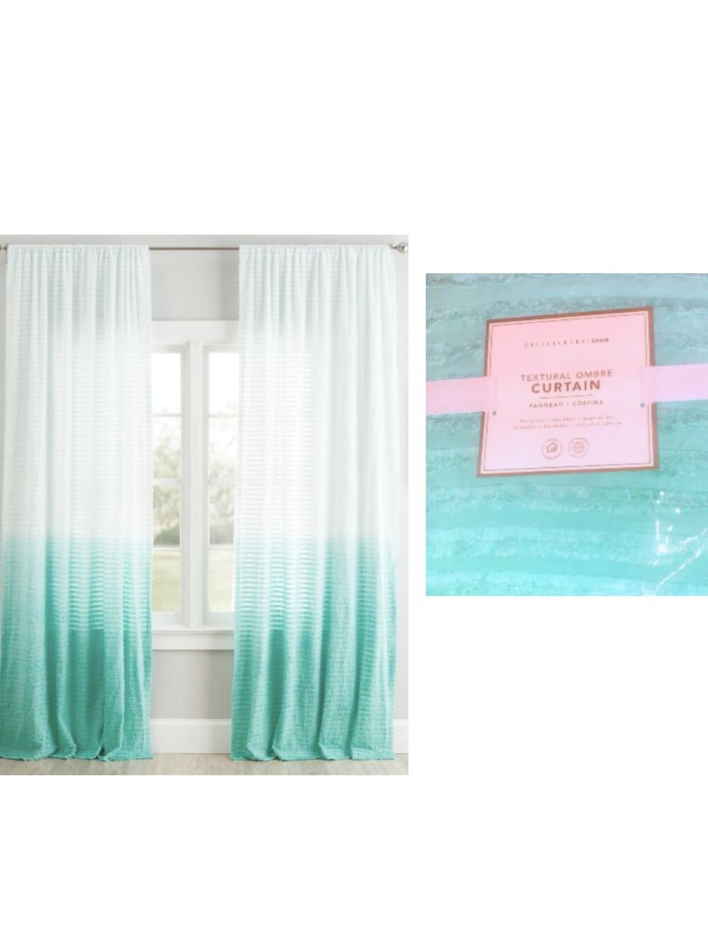 Pottery Barn Teen Textural Ombre Curtain Set Teal White 52 in. x 63 in.
